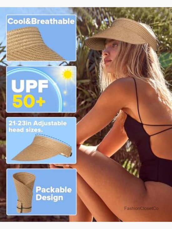 Wide Brim UPF50+ Straw Sun Visor Hat Packable Foldable main image 6